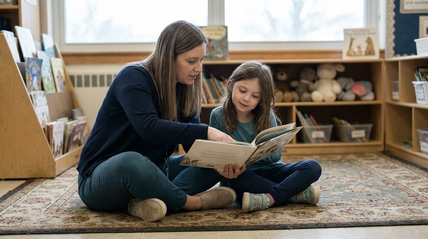 Instructional aide reading with a student on a classroom rug