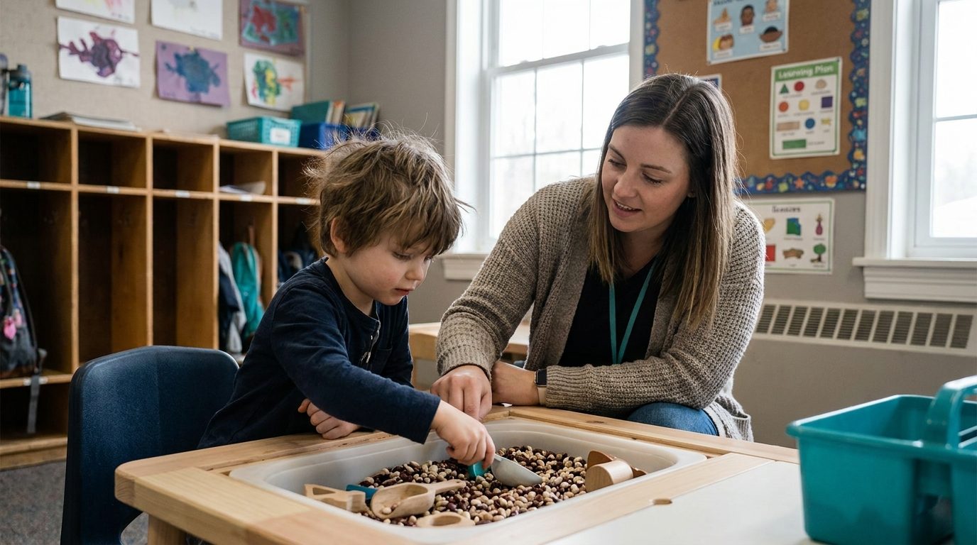 Classroom aide supporting a student with a hands-on activity