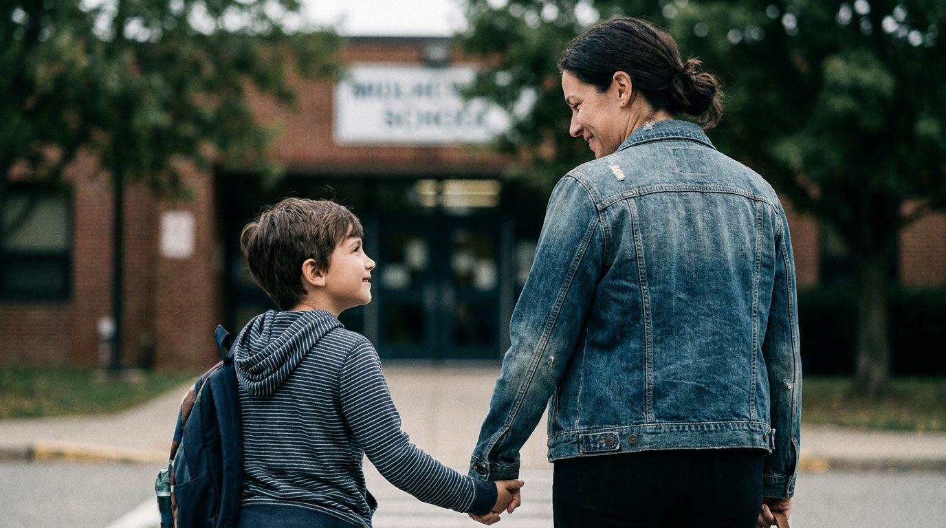 Parent and child walking together outside a school