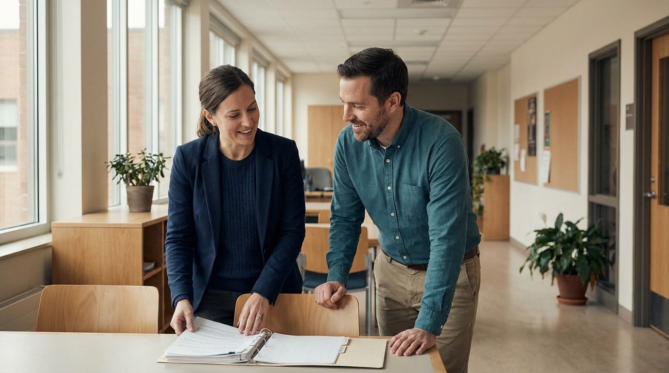School administrator and classroom aide reviewing paperwork together