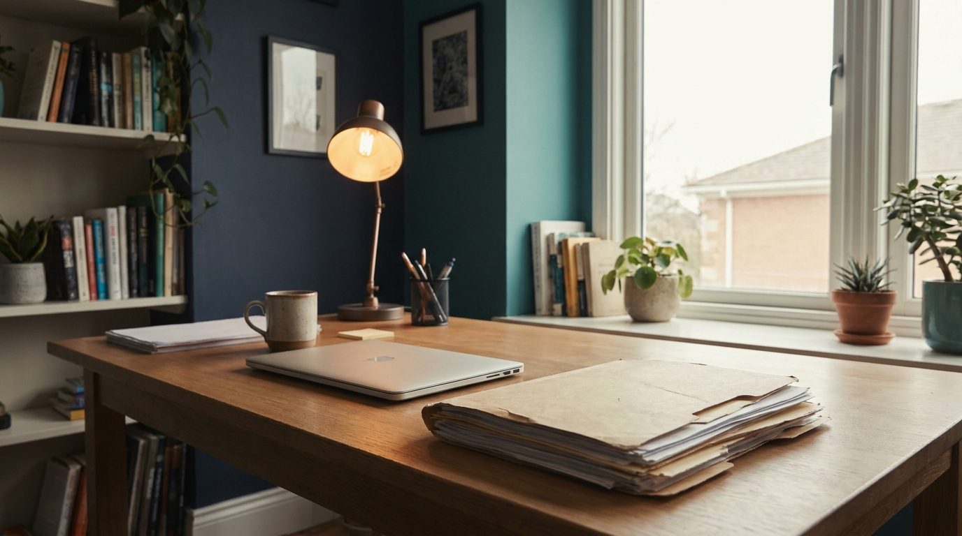 Bright office workspace with a laptop and documents