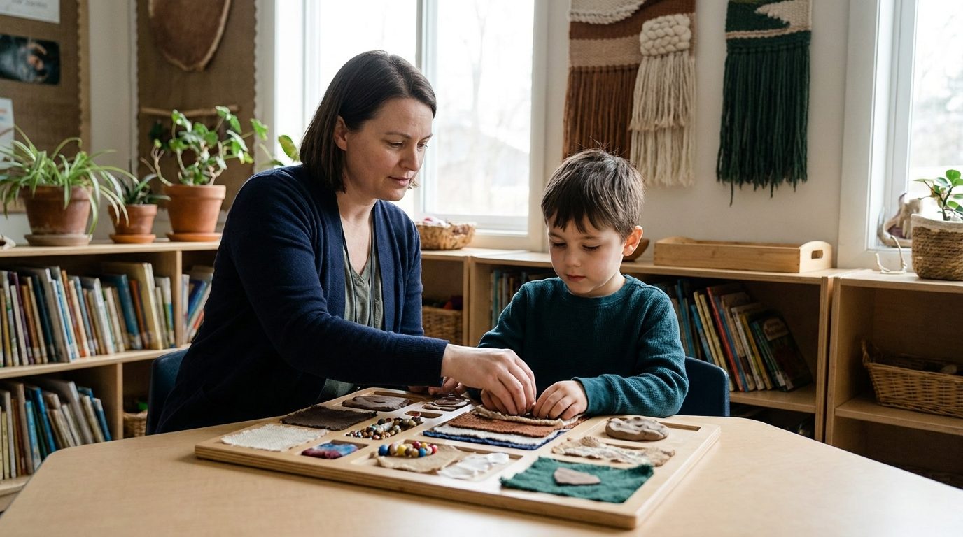 Classroom aide guiding a student through a sensory activity