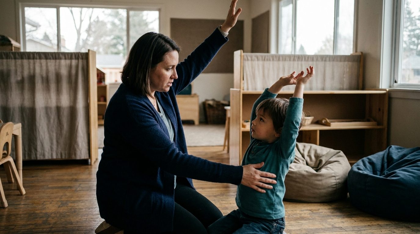 Classroom aide and student in a movement-based activity