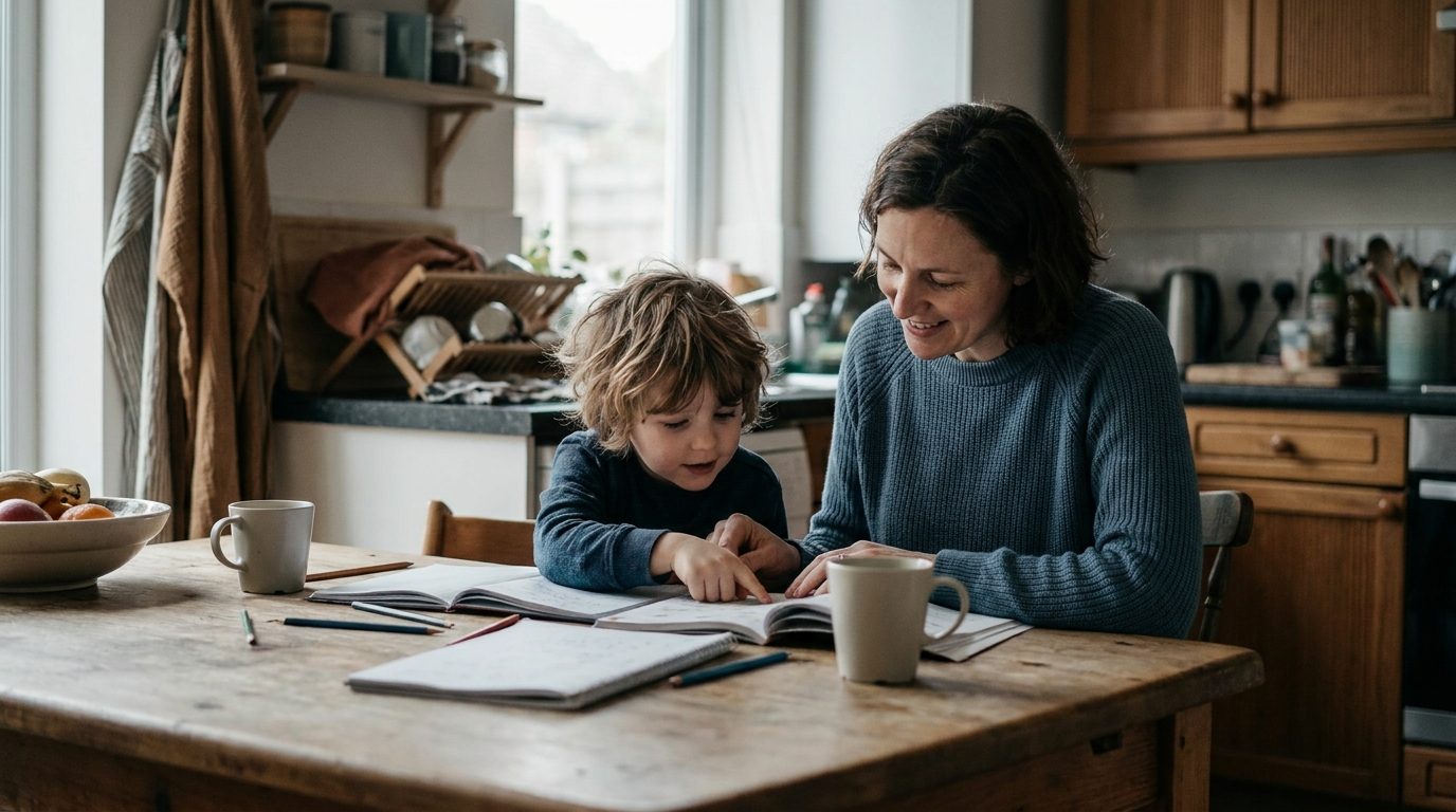 Family doing homework together at the kitchen table