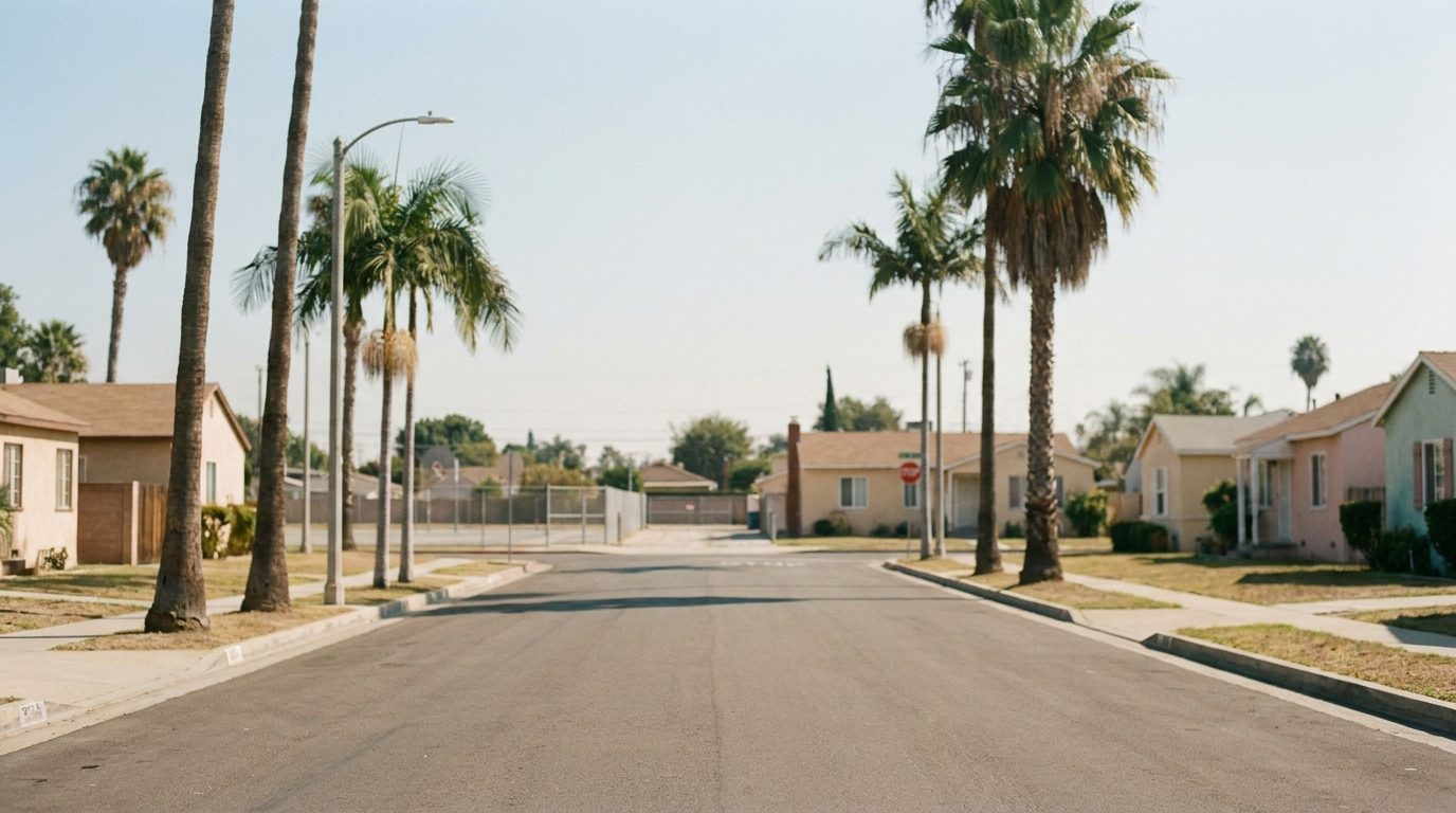 Suburban Southern California street near a school