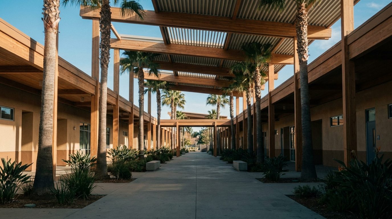 Southern California school walkway lined with palm trees