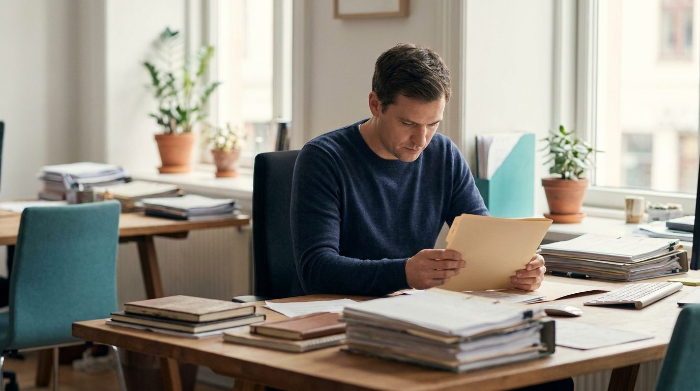 A professional reviewing a folder of documents at a desk