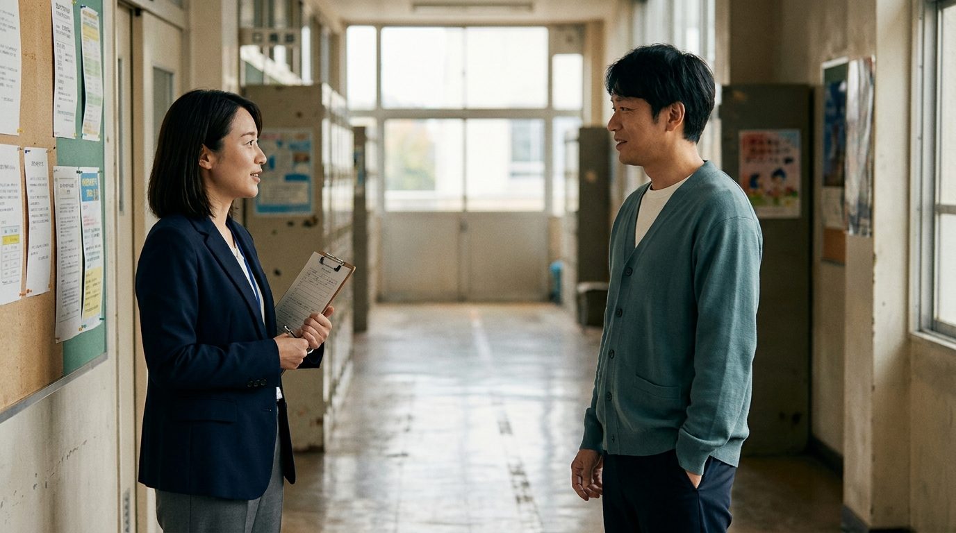 Two professionals in conversation in a school hallway