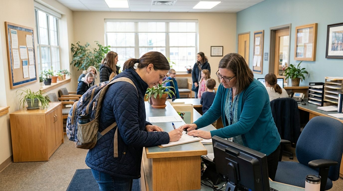 Instructional aide checking in at a school front office