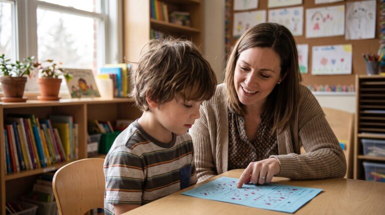 A special education aide reviews a graded worksheet with a student at a classroom table