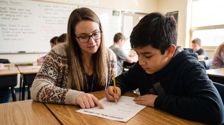 An aide helps a middle school student complete a guided note-taking worksheet at a classroom desk
