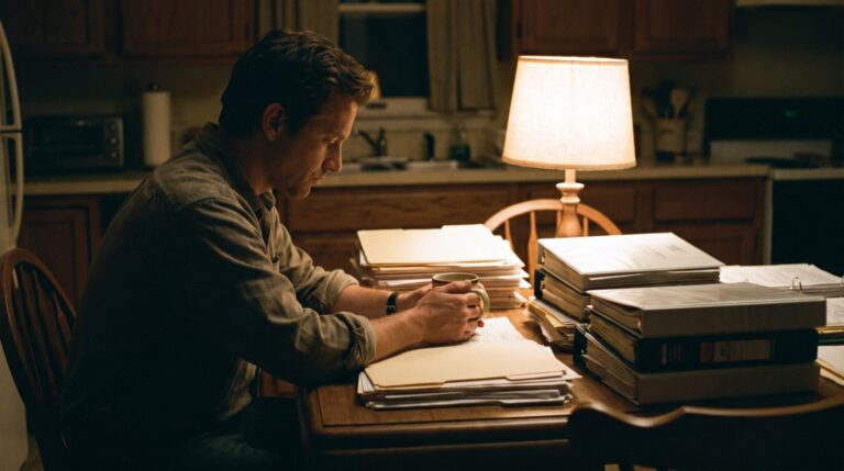 A parent at a kitchen table in the evening with a stack of school paperwork