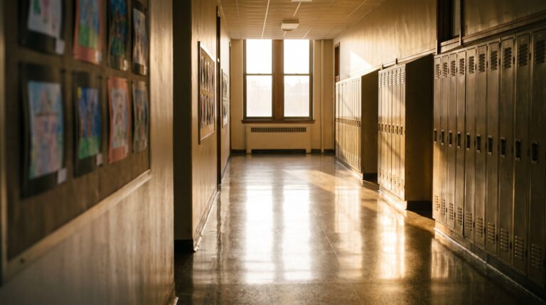 A school hallway lined with lockers and student artwork in morning light