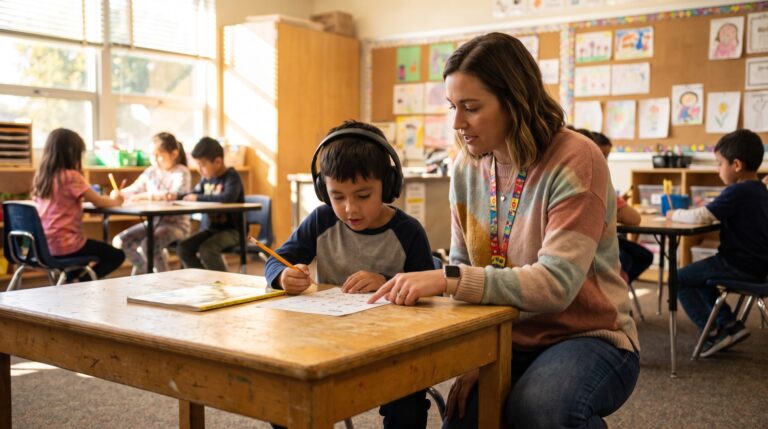 Special education instructional aide helping an elementary student with a worksheet