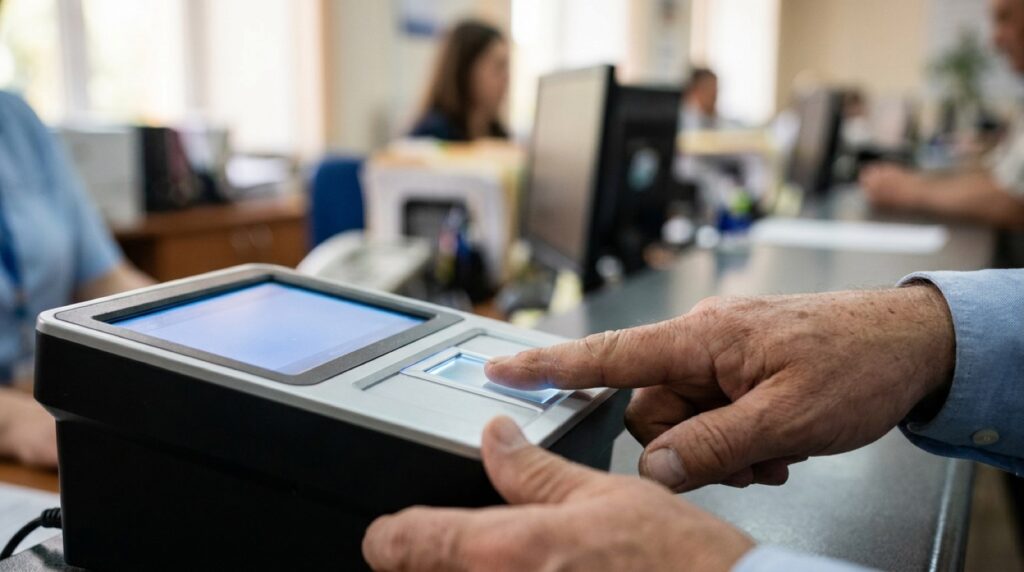 A hand placed on a digital fingerprint scanner at a Live Scan service counter