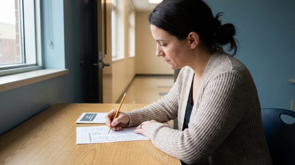 An adult test taker filling in a multiple-choice answer sheet at a desk by a window