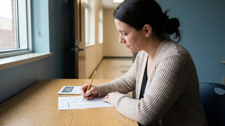 An adult test taker filling in a multiple-choice answer sheet at a desk by a window